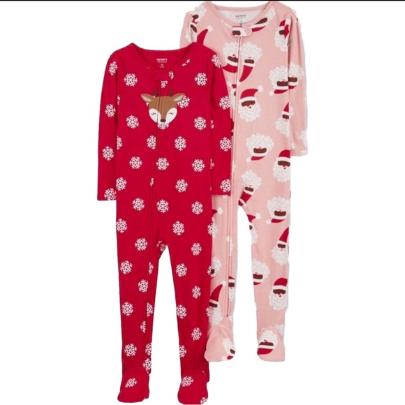 Carters Toddler Pink & Red Snowflake Reindeer Black Santa Footed Pajama Set New! - Picture 1 of 11